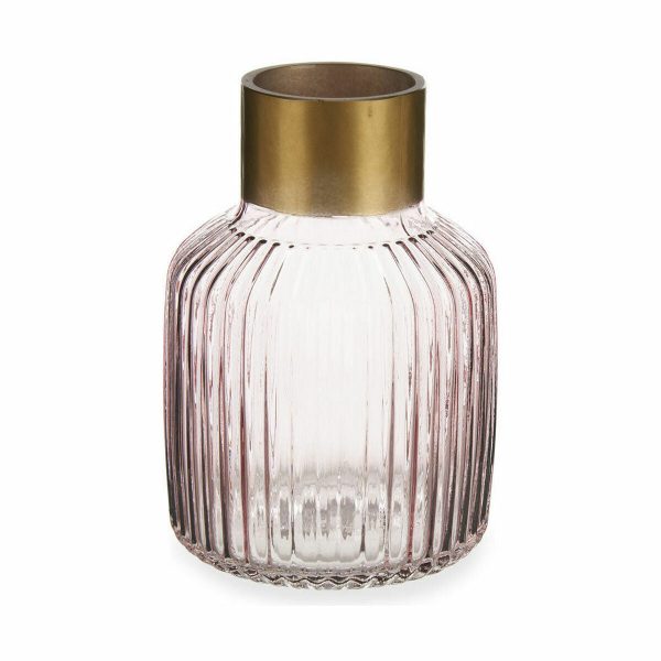 Vase Stripes Pink Golden Glass 14,5 x 22 x 14,5 cm (6 Units) Online now