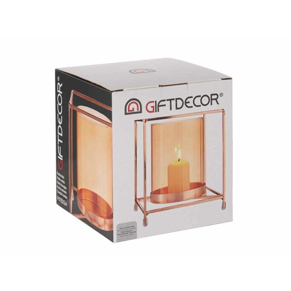 Candleholder Squared Copper Amber 14 x 15,5 x 14 cm Golden Metal Glass For Discount