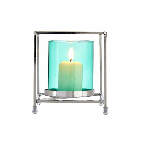 Candleholder Squared Silver Blue 11,5 x 12,6 x 11,5 cm Metal Glass Fashion