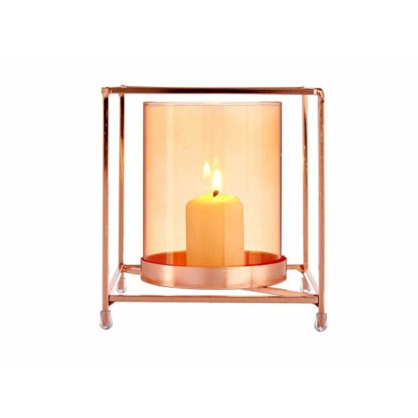 Candleholder Squared Copper Amber 14 x 15,5 x 14 cm Golden Metal Glass For Discount