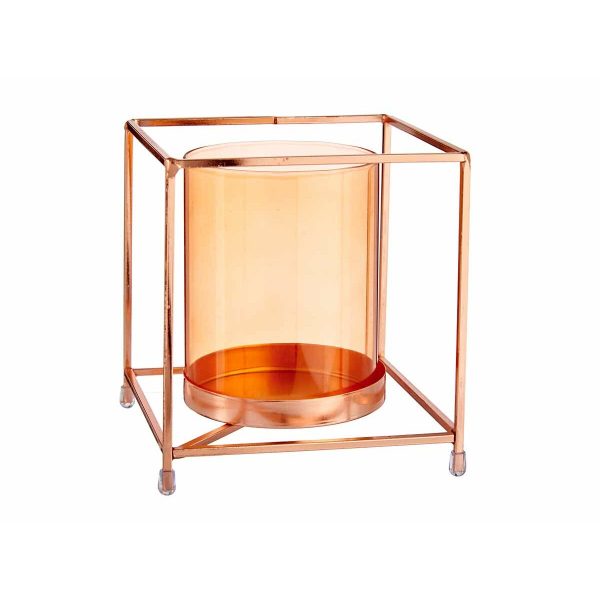 Candleholder Squared Copper Amber 14 x 15,5 x 14 cm Golden Metal Glass For Discount