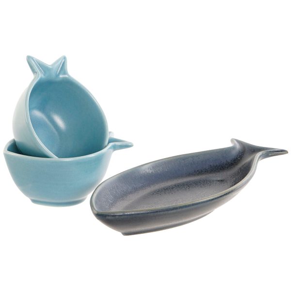 Appetizer Set Home ESPRIT Blue Sky blue Porcelain Acacia Mediterranean Fish 19,5 x 16,5 x 1,3 cm 4 Pieces Sale