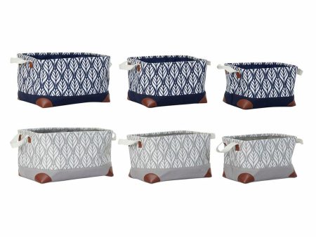 Basket set DKD Home Decor White Brown Grey Navy Blue Leaf of a plant Boho 40 x 30 x 24 cm Plastic 3 Pieces (2 Units) Online Sale