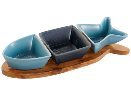 Appetizer Set Home ESPRIT Blue Navy Blue Porcelain Acacia Fish Mediterranean 28 x 9,7 x 1,3 cm 4 Pieces Discount