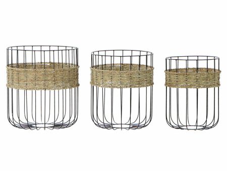 Basket set DKD Home Decor Black Natural Metal Natural Fibre 35 x 35 x 40 cm 3 Pieces For Cheap